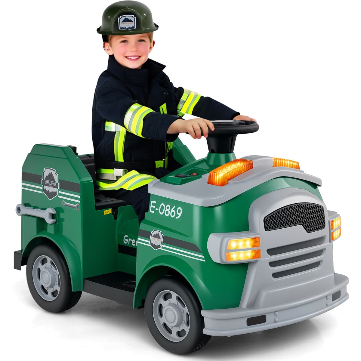 CostwayVoiture à Pousser Pompiers pour Enfants 12v Véhicule de Pompiers avec Pelle et Extincteur Véhicule à Pousser Vert