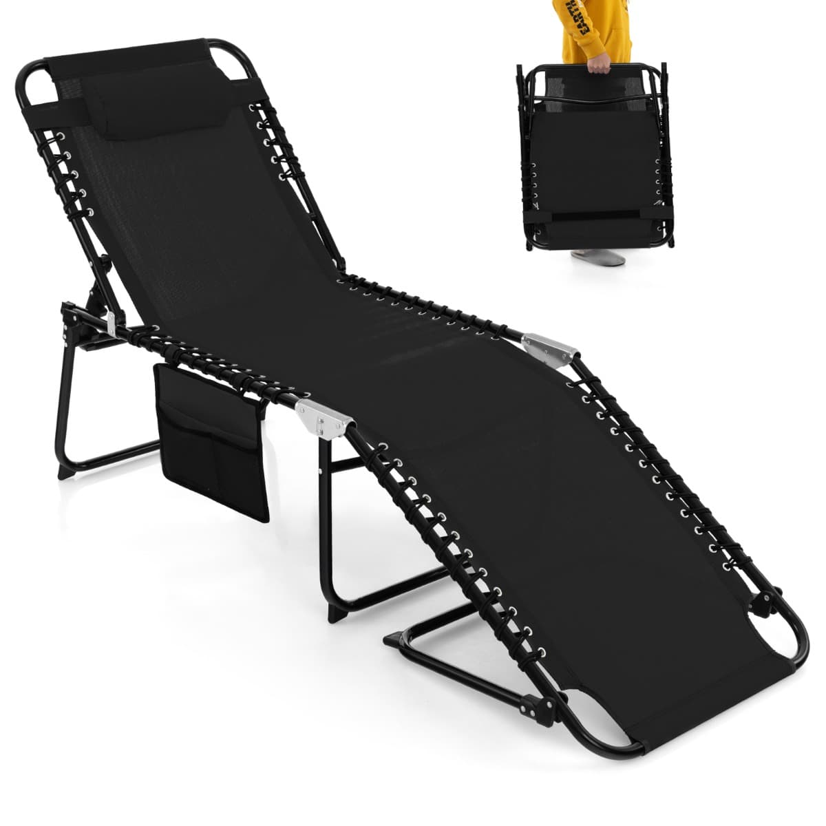 CostwayChaise Longue Pliante avec Appuie-tête Amovible Dossier Réglable à 4 Positions Acier Antirouille pour Camping Terrasse