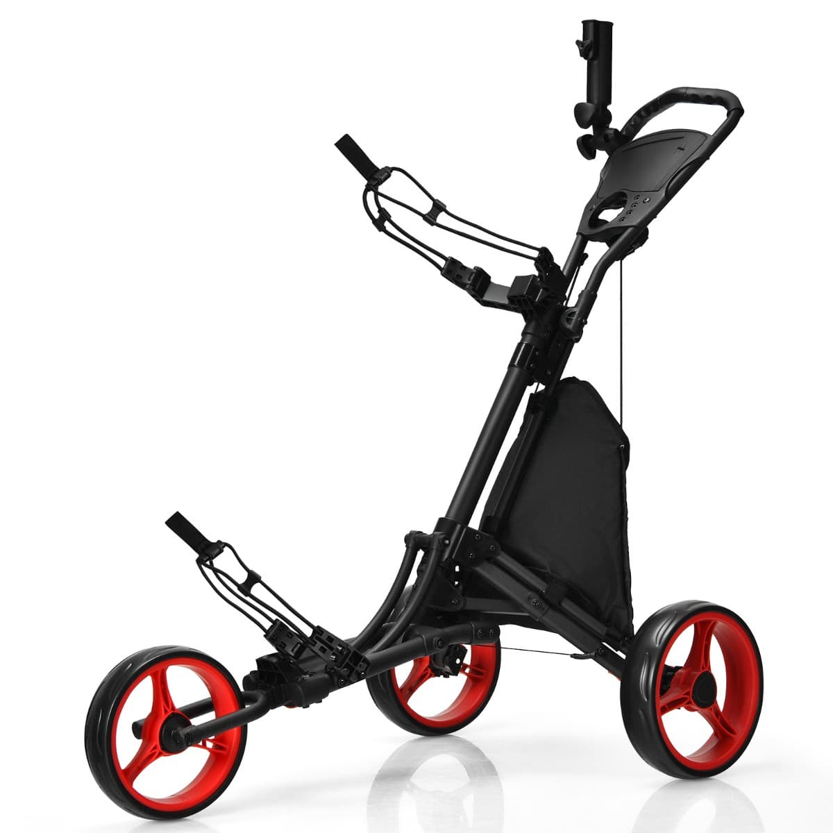 CostwayChariot de Golf Pliable à 3 Roues Sangle Elastique Porte-parasol Réglable et Porte-gobelet Sac Recouvert d'Aluminium Rouge