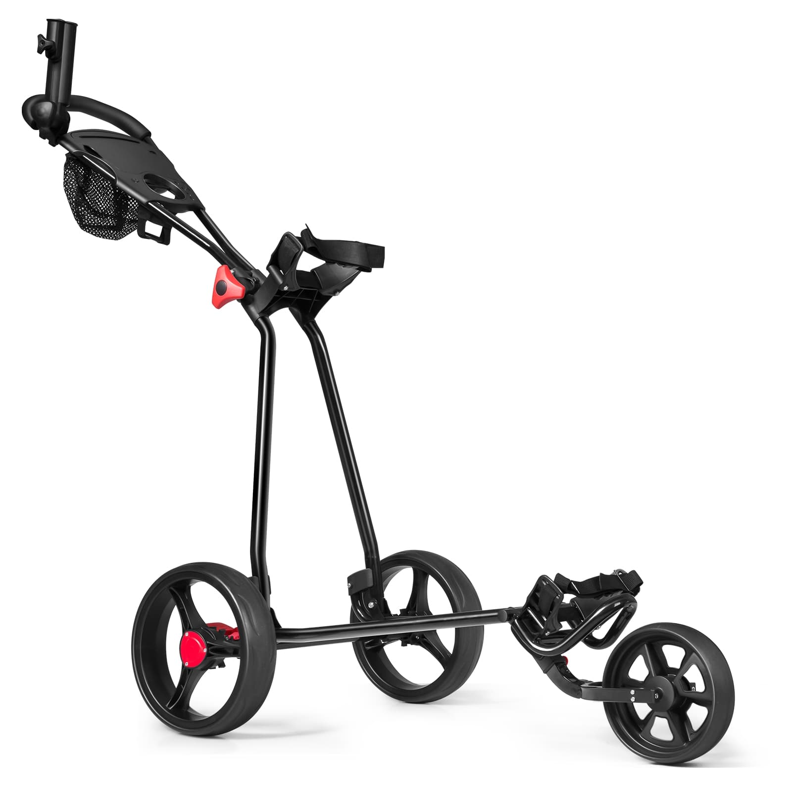 CostwayChariot de Golf à 3 Roues Pliable avec Poignée Réglable Carte de Pointage Porte-parapluie et Porte-tee Sac en Maille Noir